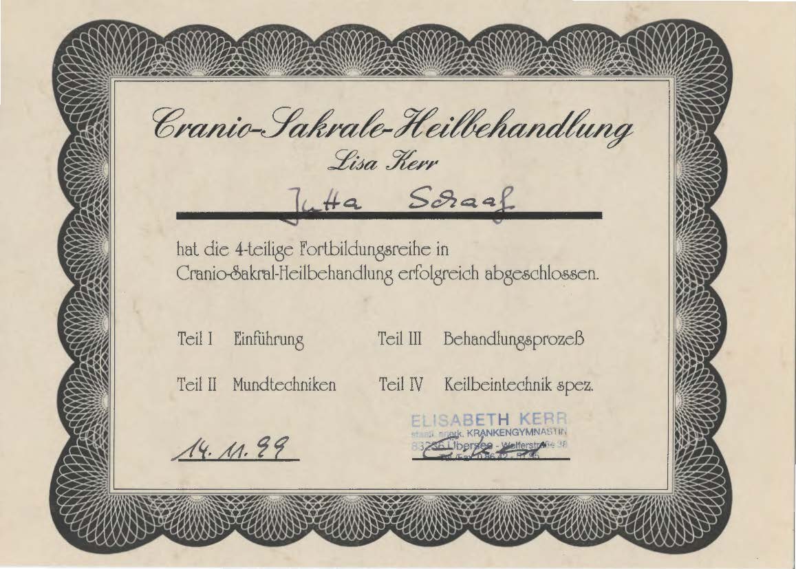 Jutta Schaaf - Cranio-Sakrale-Heilbehandlung 4-teilige Fortbildungsreihe
